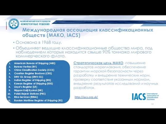 Международная ассоциация классификационных обществ (МАКО, IACS) Основана в 1968 году.