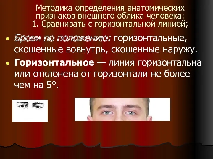 Методика определения анатомических признаков внешнего облика человека: 1. Сравнивать с