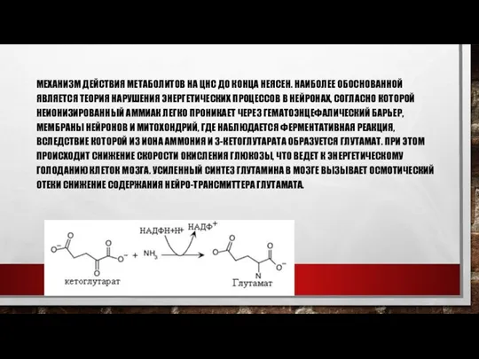 МЕХАНИЗМ ДЕЙСТВИЯ МЕТАБОЛИТОВ НА ЦНС ДО КОНЦА НЕЯСЕН. НАИБОЛЕЕ ОБОСНОВАННОЙ ЯВЛЯЕТСЯ ТЕОРИЯ НАРУШЕНИЯ