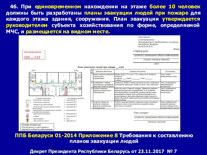 46. При единовременном нахождении на этаже более 10 человек должны