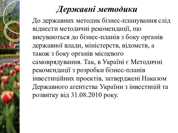 До державних методик бізнес-планування слід віднести методичні рекомендації, що висуваються