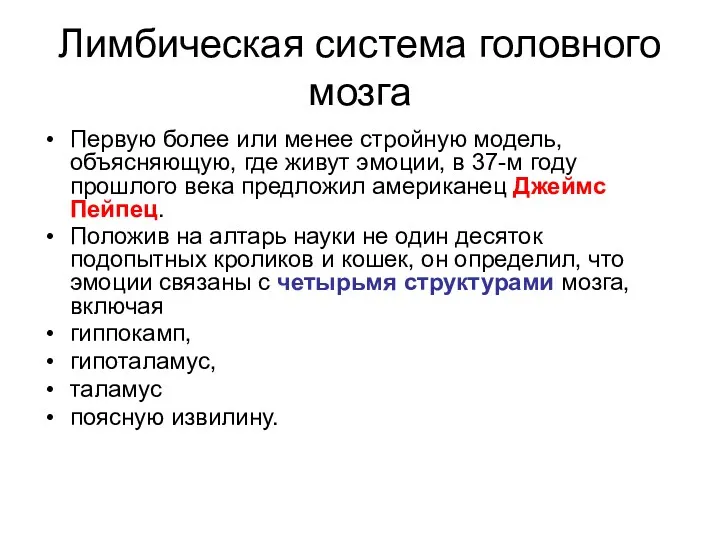 Лимбическая система головного мозга Первую более или менее стройную модель,