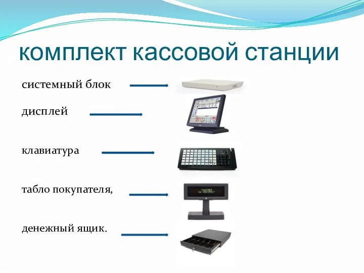 комплект кассовой станции системный блок дисплей клавиатура табло покупателя, денежный ящик.