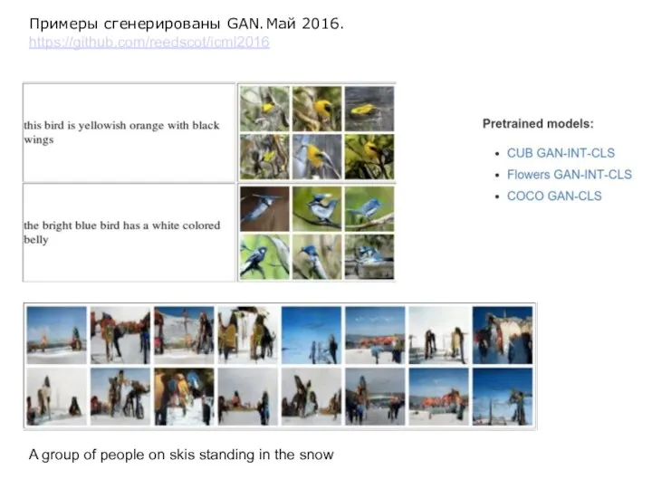 Примеры сгенерированы GAN. Май 2016. https://github.com/reedscot/icml2016 A group of people on skis standing in the snow