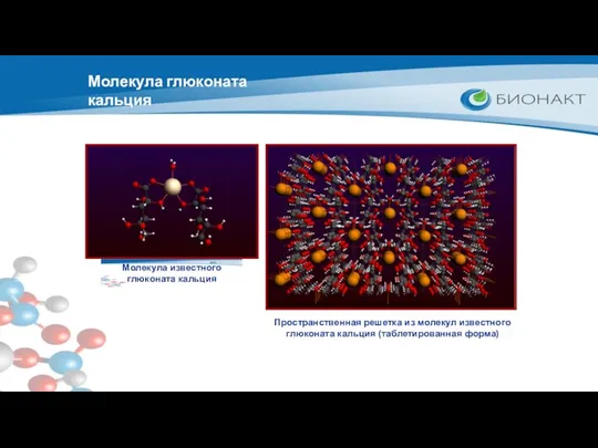 Молекула известного глюконата кальция Пространственная решетка из молекул известного глюконата кальция (таблетированная форма) Молекула глюконата кальция