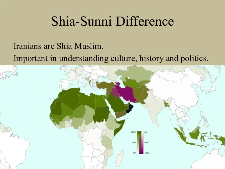 Shia-Sunni Difference Iranians are Shia Muslim. Important in understanding culture, history and politics.