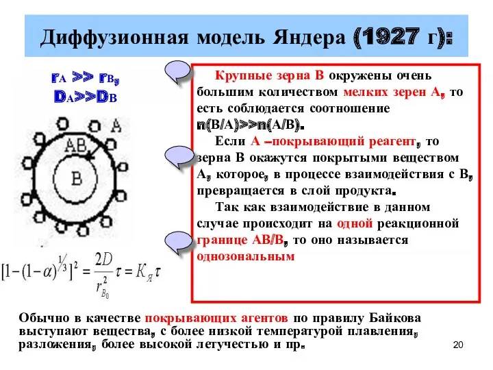 Диффузионная модель Яндера (1927 г): Крупные зерна В окружены очень