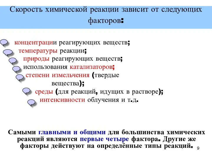 Скорость химической реакции зависит от следующих факторов: концентрации реагирующих веществ;