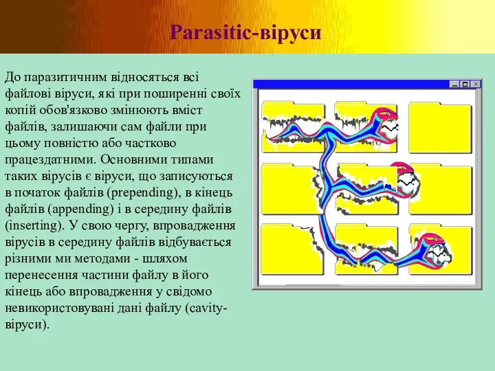 Parasitic-віруси До паразитичним відносяться всі файлові віруси, які при поширенні