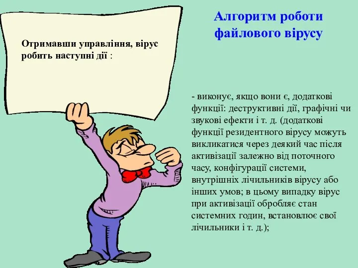 Алгоритм роботи файлового вірусу Отримавши управління, вірус робить наступні дії