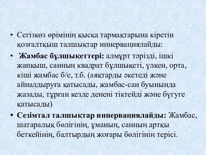 Сегізкөз өрімінің қысқа тармақтарына кіретін қозғалтқыш талшықтар иннервациялайды: Жамбас бұлшықеттері: