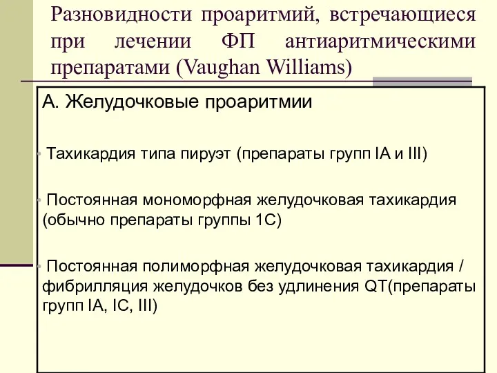 Разновидности проаритмий, встречающиеся при лечении ФП антиаритмическими препаратами (Vaughan Williams)