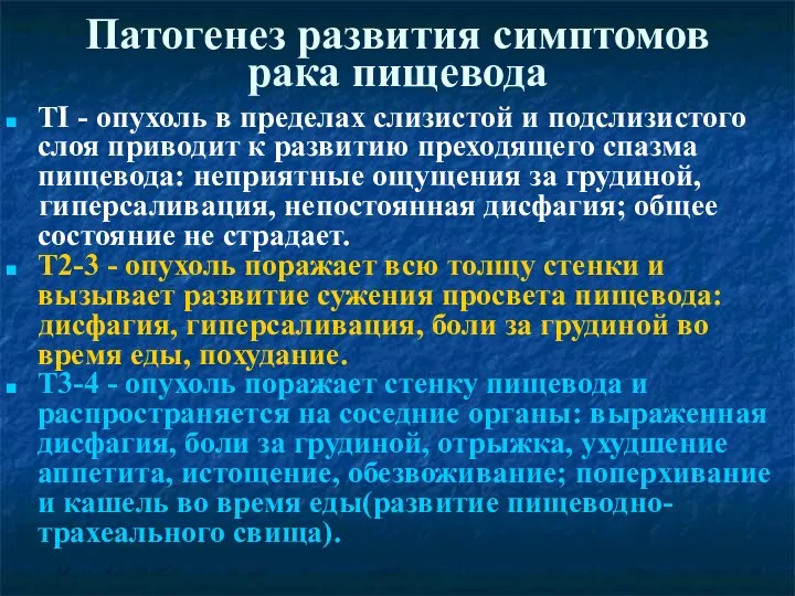 Патогенез развития симптомов рака пищевода ТI - опухоль в пределах