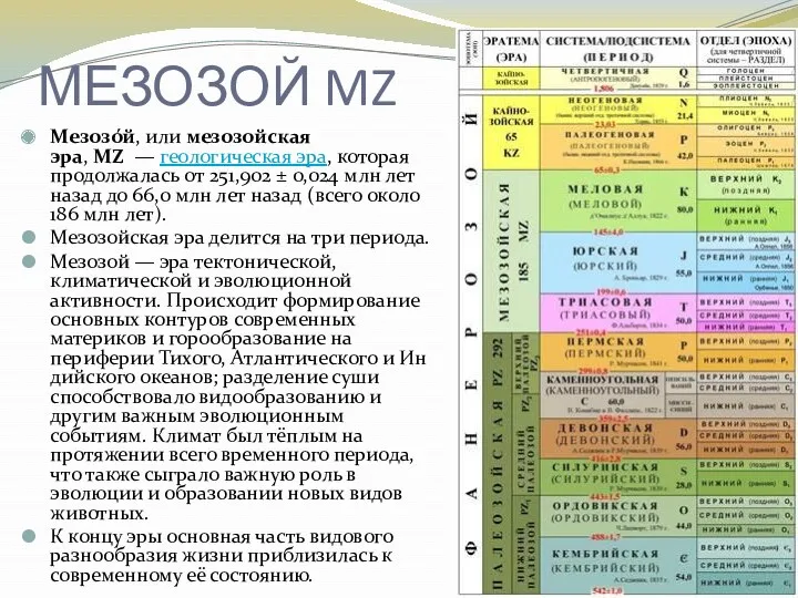 МЕЗОЗОЙ MZ Мезозо́й, или мезозойская эра, MZ — геологическая эра,