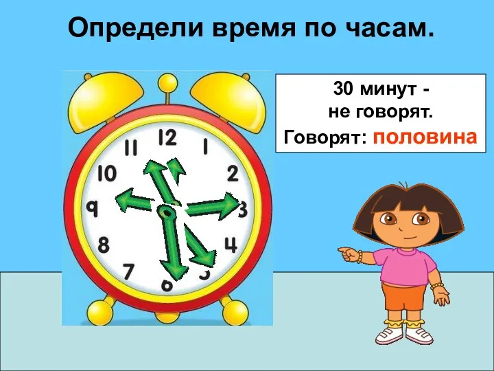 Определи время по часам. 30 минут - не говорят. Говорят: половина