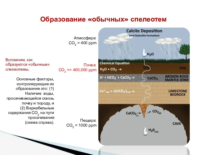 Образование «обычных» спелеотем Атмосфера: СО2 = 400 ppm Почва: СО2