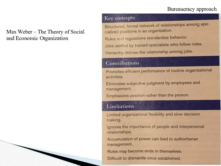 Bureaucracy approach Max Weber – The Theory of Social and Economic Organization