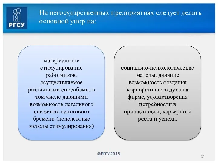 На негосударственных предприятиях следует делать основной упор на: материальное стимулирование