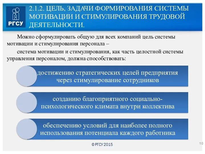 2.1.2. ЦЕЛЬ, ЗАДАЧИ ФОРМИРОВАНИЯ СИСТЕМЫ МОТИВАЦИИ И СТИМУЛИРОВАНИЯ ТРУДОВОЙ ДЕЯТЕЛЬНОСТИ.