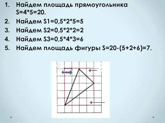 Найдем площадь прямоугольника S=4*5=20. Найдем S1=0,5*2*5=5 Найдем S2=0,5*2*2=2 Найдем S3=0,5*4*3=6