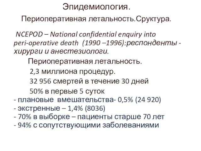 Эпидемиология. Периоперативная летальность.Сруктура. NCEPOD – National confidential enquiry into peri-operative death (1990 –1996):респонденты