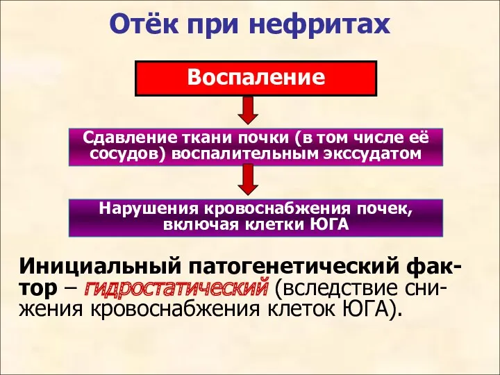 Отёк при нефритах Воспаление Сдавление ткани почки (в том числе