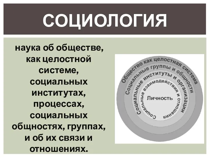 СОЦИОЛОГИЯ наука об обществе, как целостной системе, социальных институтах, процессах,