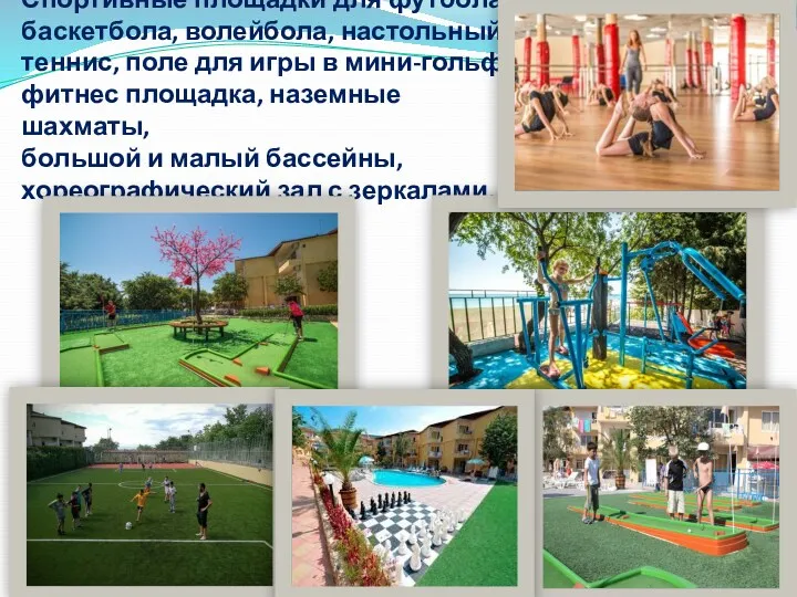 Спортивные площадки для футбола, баскетбола, волейбола, настольный теннис, поле для игры в мини-гольф,