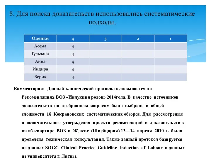 8. Для поиска доказательств использовались систематические подходы. Комментарии: Данный клинический