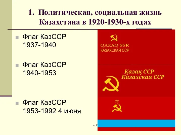 1. Политическая, социальная жизнь Казахстана в 1920-1930-х годах Флаг КазССР