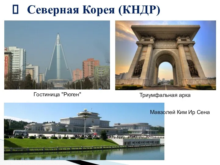 Северная Корея (КНДР) Гостиница "Рюген" Триумфальная арка Мавзолей Ким Ир Сена