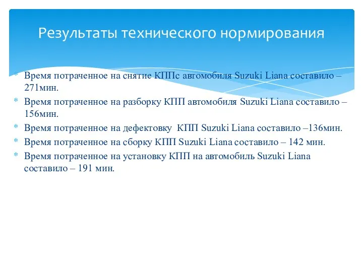 Время потраченное на снятие КППс автомобиля Suzuki Liana составило –