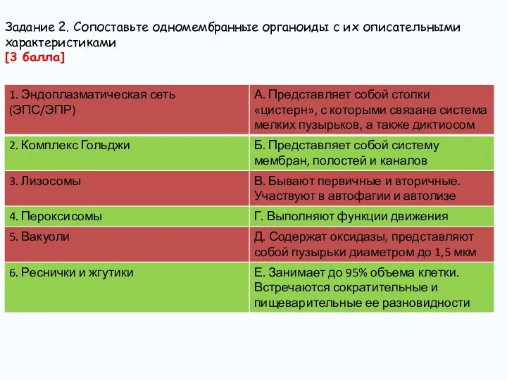 Задание 2. Сопоставьте одномембранные органоиды с их описательными характеристиками [3 балла]