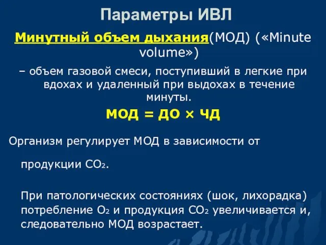 Параметры ИВЛ Минутный объем дыхания(МОД) («Minute volume») – объем газовой