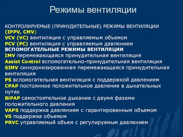 Режимы вентиляции КОНТРОЛИРУЕМЫЕ (ПРИНУДИТЕЛЬНЫЕ) РЕЖИМЫ ВЕНТИЛЯЦИИ (IPPV, CMV) VCV (VC)