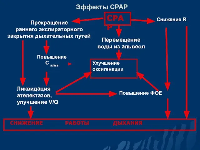 Эффекты СРАР СРАР Прекращение раннего экспираторного закрытия дыхательных путей Снижение