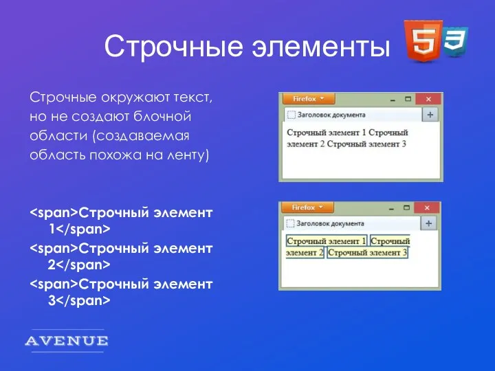 Строчные элементы Строчные окружают текст, но не создают блочной области