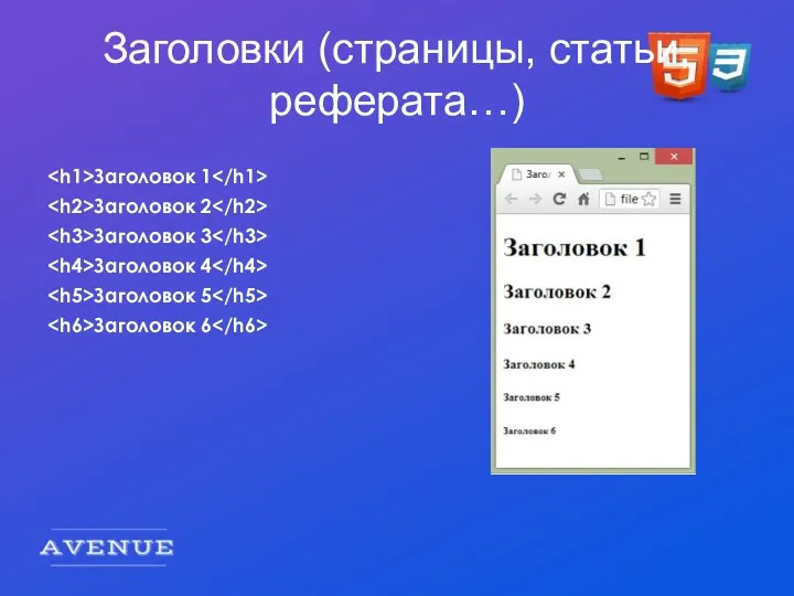 Заголовки (страницы, статьи, реферата…) Заголовок 1 Заголовок 2 Заголовок 3 Заголовок 4 Заголовок 5 Заголовок 6