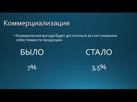 Коммерциализация Коммерческая выгода будет достигаться за счет снижение себестоимости продукции. БЫЛО 7% СТАЛО 3,5%