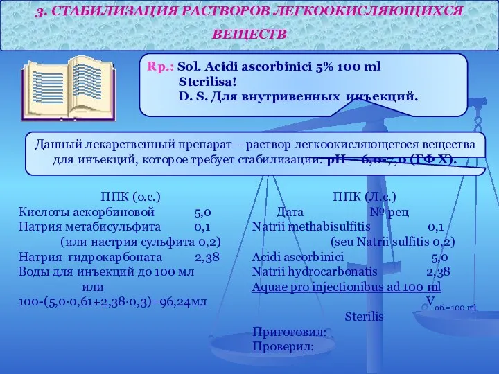 3. СТАБИЛИЗАЦИЯ РАСТВОРОВ ЛЕГКООКИСЛЯЮЩИХСЯ ВЕЩЕСТВ Rp.: Sol. Acidi ascorbinici 5%