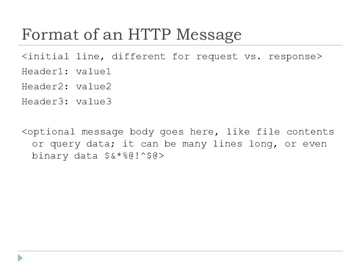 Format of an HTTP Message Header1: value1 Header2: value2 Header3: value3