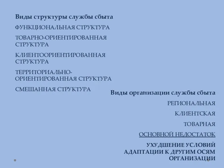 Виды структуры службы сбыта ФУНКЦИОНАЛЬНАЯ СТРУКТУРА ТОВАРНО-ОРИЕНТИРОВАННАЯ СТРУКТУРА КЛИЕНТООРИЕНТИРОВАННАЯ СТРУКТУРА