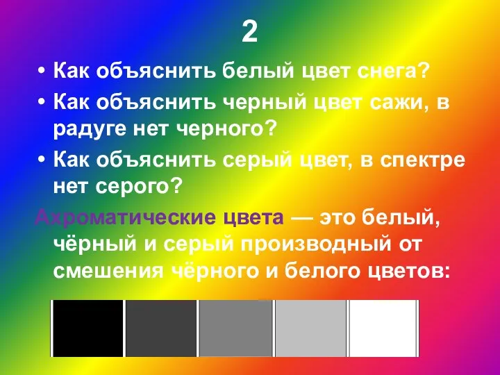 2 Как объяснить белый цвет снега? Как объяснить черный цвет