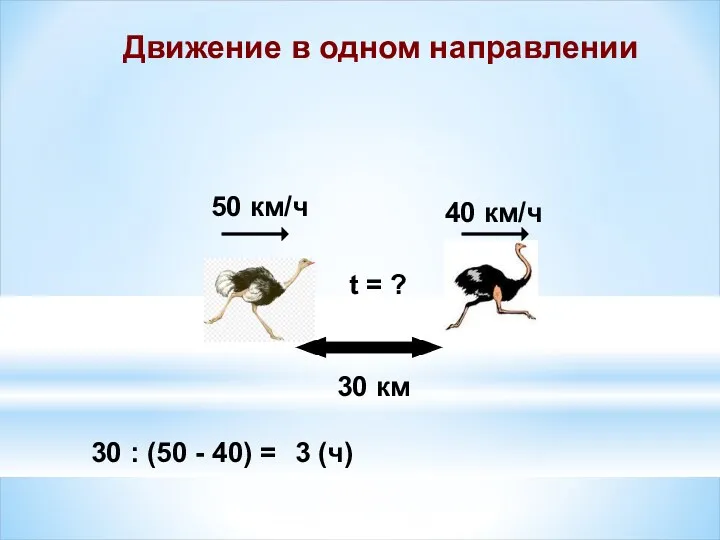 30 км 40 км/ч t = ? 50 км/ч Движение