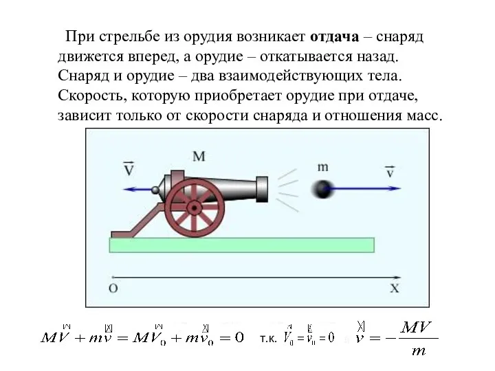 При стрельбе из орудия возникает отдача – снаряд движется вперед,