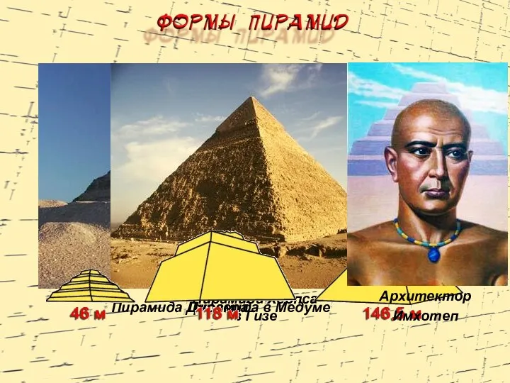 Пирамида Джосера Пирамида в Медуме Пирамида Хеопса в Гизе Архитектор Имхотеп
