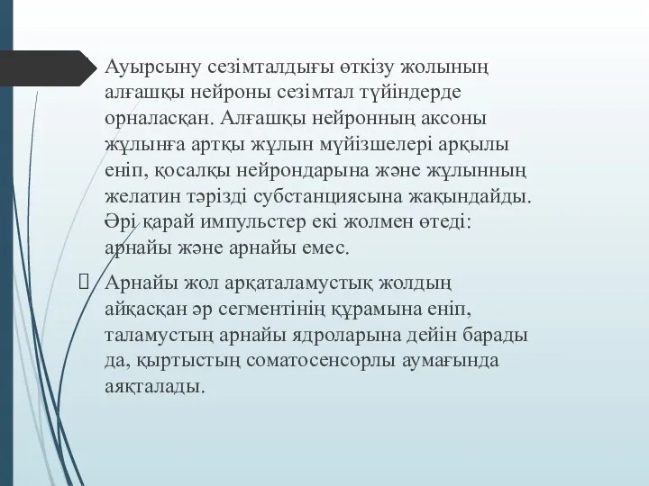 Ауырсыну сезімталдығы өткізу жолының алғашқы нейроны сезімтал түйіндерде орналасқан. Алғашқы