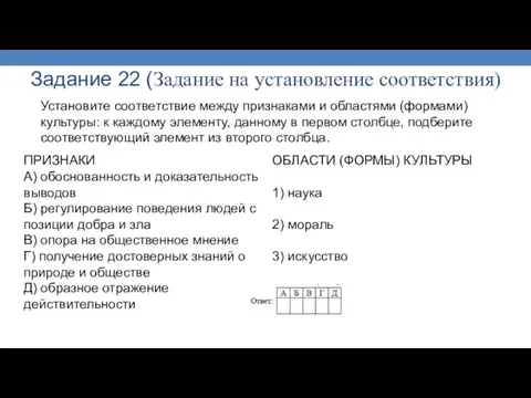 Задание 22 (Задание на установление соответствия) Установите соответствие между признаками и областями (формами)