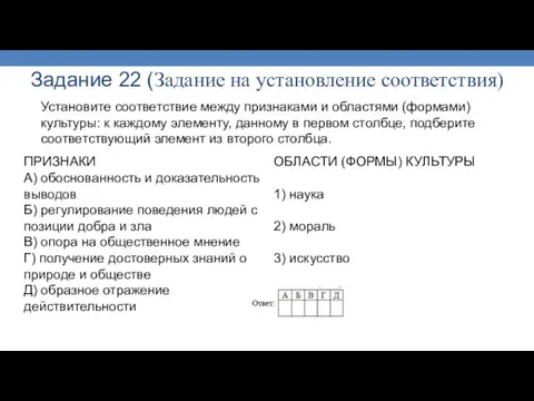 Задание 22 (Задание на установление соответствия) Установите соответствие между признаками