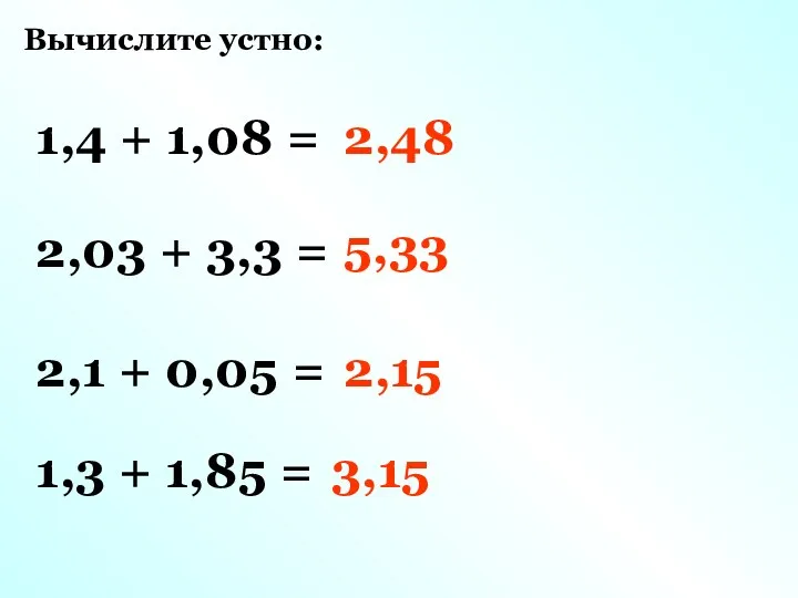 Вычислите устно: 1,4 + 1,08 = 2,48 2,03 + 3,3